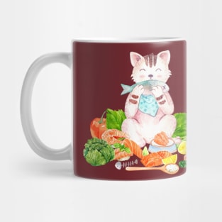 cat eating fish hand drawn Mug